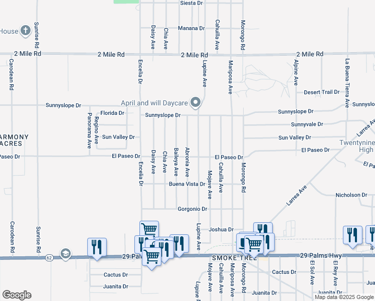 map of restaurants, bars, coffee shops, grocery stores, and more near in Twentynine Palms