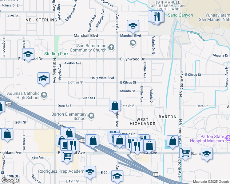 map of restaurants, bars, coffee shops, grocery stores, and more near 6120 Arden Avenue in San Bernardino