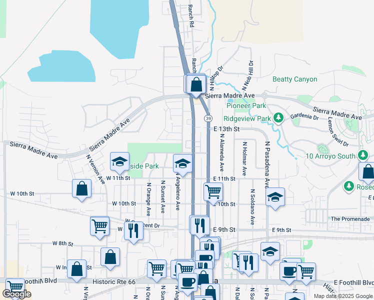 map of restaurants, bars, coffee shops, grocery stores, and more near 103 North San Gabriel Avenue in Azusa