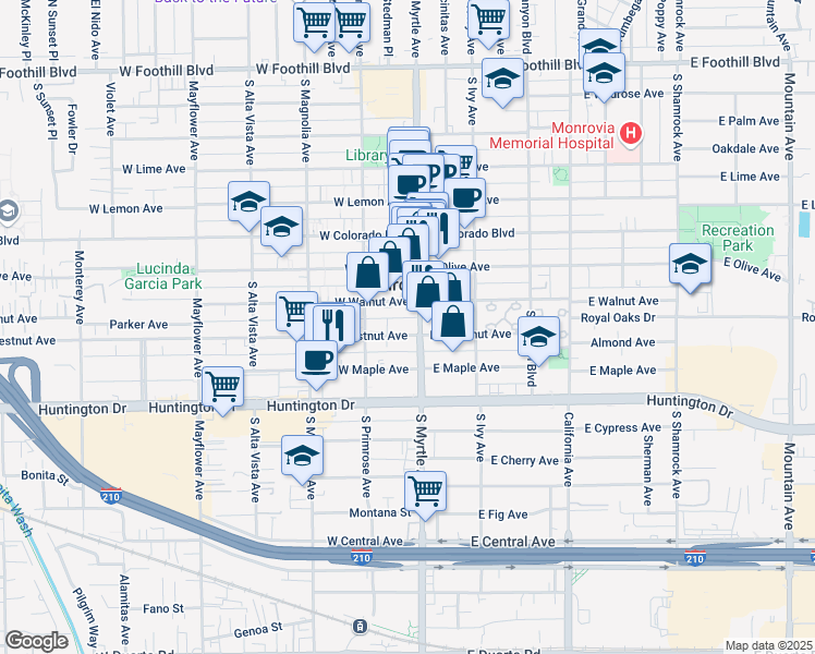 map of restaurants, bars, coffee shops, grocery stores, and more near 128 West Walnut Avenue in Monrovia