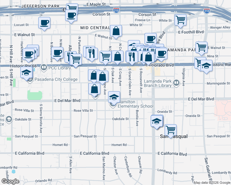 map of restaurants, bars, coffee shops, grocery stores, and more near 172 South Oak Avenue in Pasadena