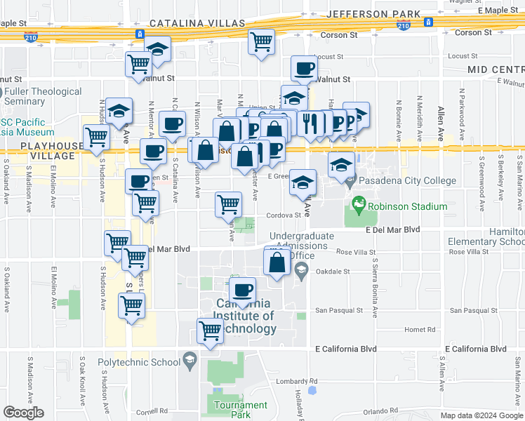 map of restaurants, bars, coffee shops, grocery stores, and more near 1299 Cordova Street in Pasadena