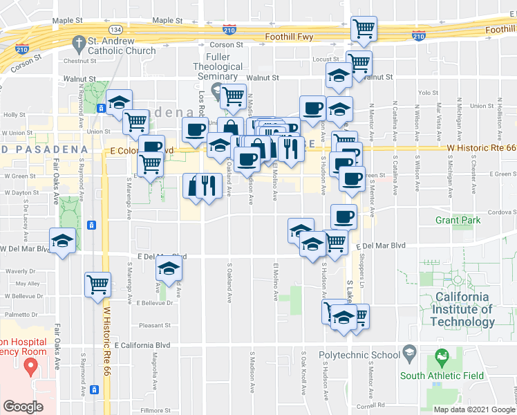 map of restaurants, bars, coffee shops, grocery stores, and more near in Pasadena