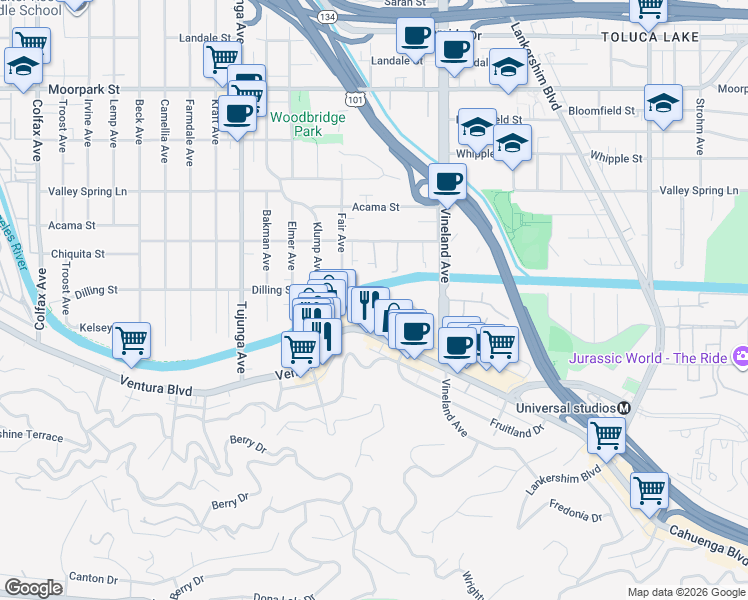 map of restaurants, bars, coffee shops, grocery stores, and more near 4248 Arch Drive in Los Angeles