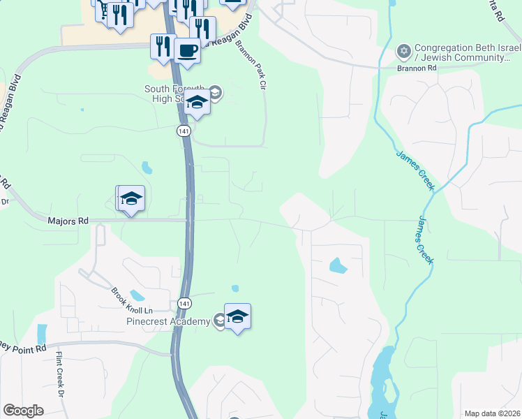 map of restaurants, bars, coffee shops, grocery stores, and more near 8417 Majors Road in Cumming