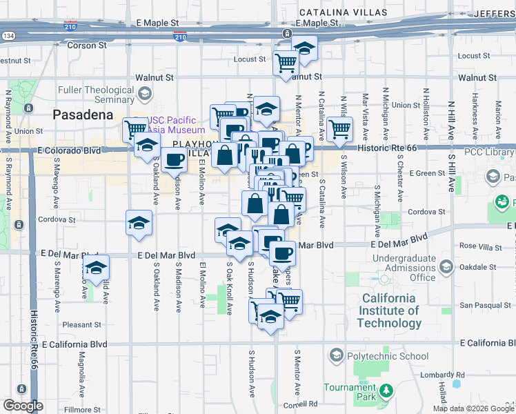 map of restaurants, bars, coffee shops, grocery stores, and more near 156 South Oak Knoll Avenue in Pasadena