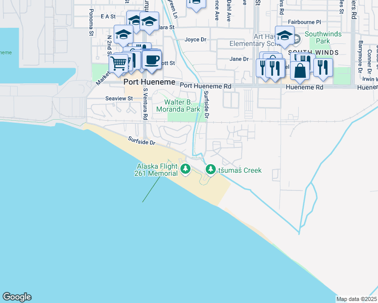 map of restaurants, bars, coffee shops, grocery stores, and more near 575 East Surfside Drive in Port Hueneme