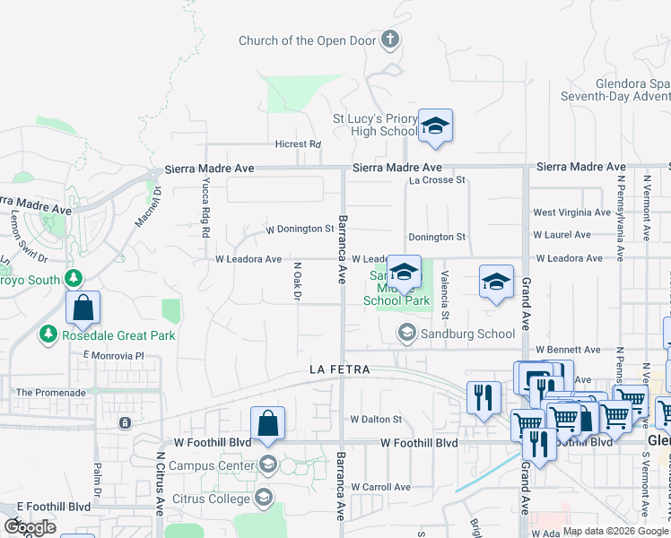 map of restaurants, bars, coffee shops, grocery stores, and more near 459 North Barranca Avenue in Glendora