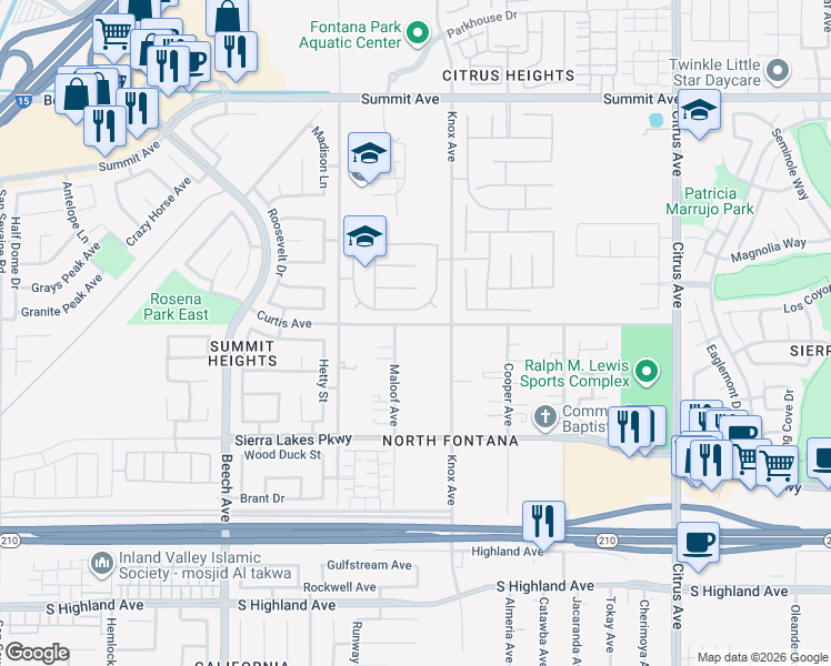 map of restaurants, bars, coffee shops, grocery stores, and more near 15645 Curtis Avenue in Fontana