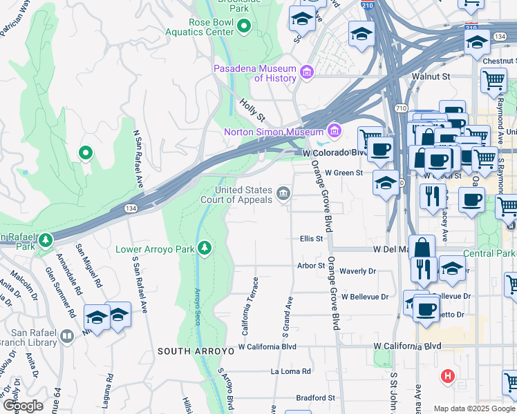 map of restaurants, bars, coffee shops, grocery stores, and more near 156 California Terrace in Pasadena