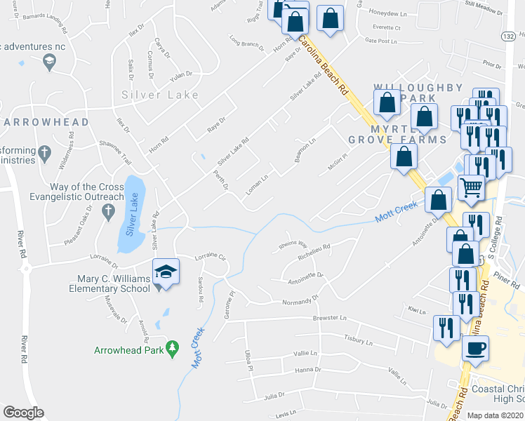 map of restaurants, bars, coffee shops, grocery stores, and more near 435 Motts Creek Road in Wilmington