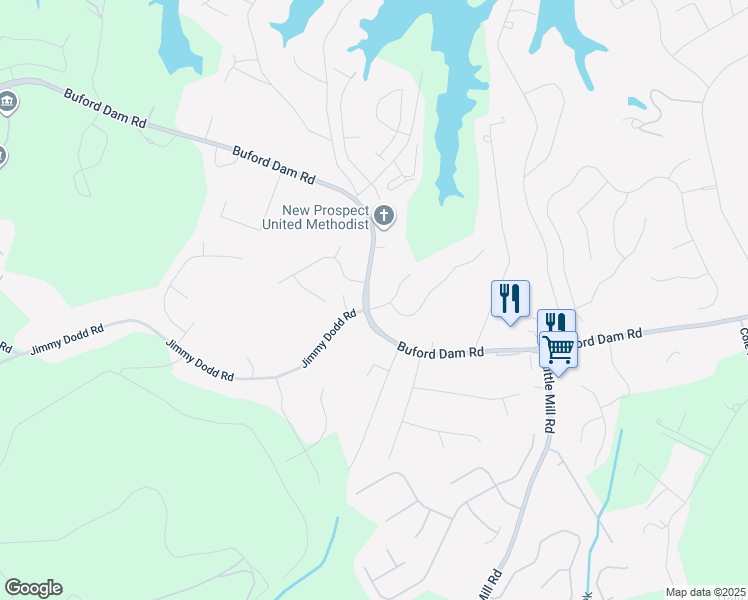map of restaurants, bars, coffee shops, grocery stores, and more near 1980 Elm Tree Terrace Northeast in Buford