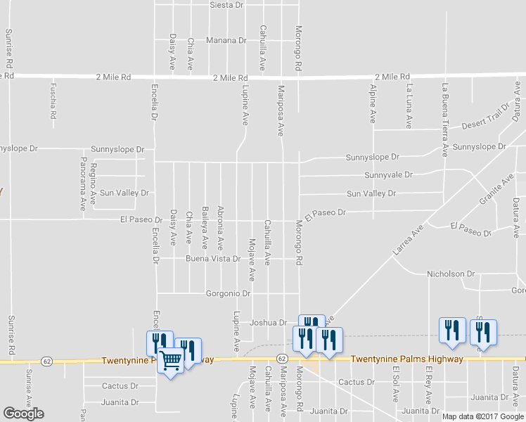 map of restaurants, bars, coffee shops, grocery stores, and more near 6086 Cahuilla Avenue in Twentynine Palms