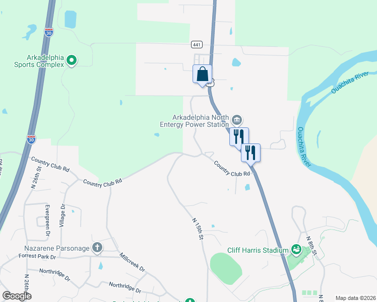 map of restaurants, bars, coffee shops, grocery stores, and more near 3 Friendship Drive in Arkadelphia