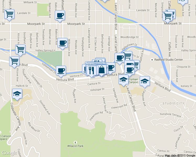 map of restaurants, bars, coffee shops, grocery stores, and more near 12224 Ventura Blvd in Studio City