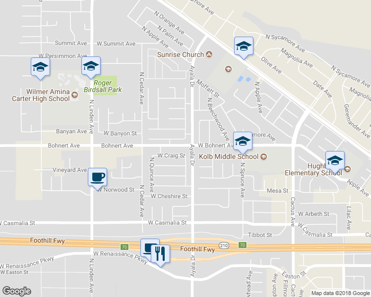map of restaurants, bars, coffee shops, grocery stores, and more near 1121 West Bohnert Avenue in Rialto