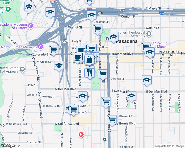 map of restaurants, bars, coffee shops, grocery stores, and more near 150 South Fair Oaks Avenue in Pasadena