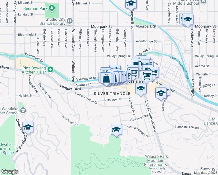 map of restaurants, bars, coffee shops, grocery stores, and more near 12224 Ventura Boulevard in Los Angeles