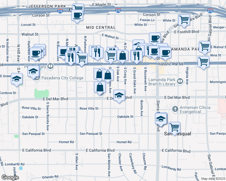 map of restaurants, bars, coffee shops, grocery stores, and more near 176 South San Marino Avenue in Pasadena