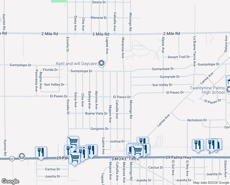 map of restaurants, bars, coffee shops, grocery stores, and more near 6086 Cahuilla Avenue in Twentynine Palms