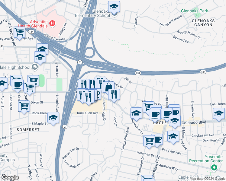 map of restaurants, bars, coffee shops, grocery stores, and more near 5237 Live Oak View Avenue in Los Angeles