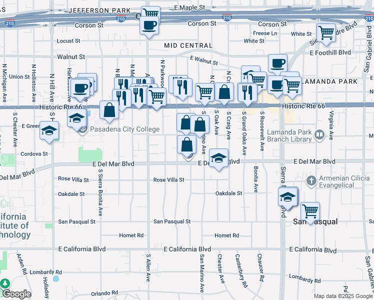 map of restaurants, bars, coffee shops, grocery stores, and more near 173 South Berkeley Avenue in Pasadena