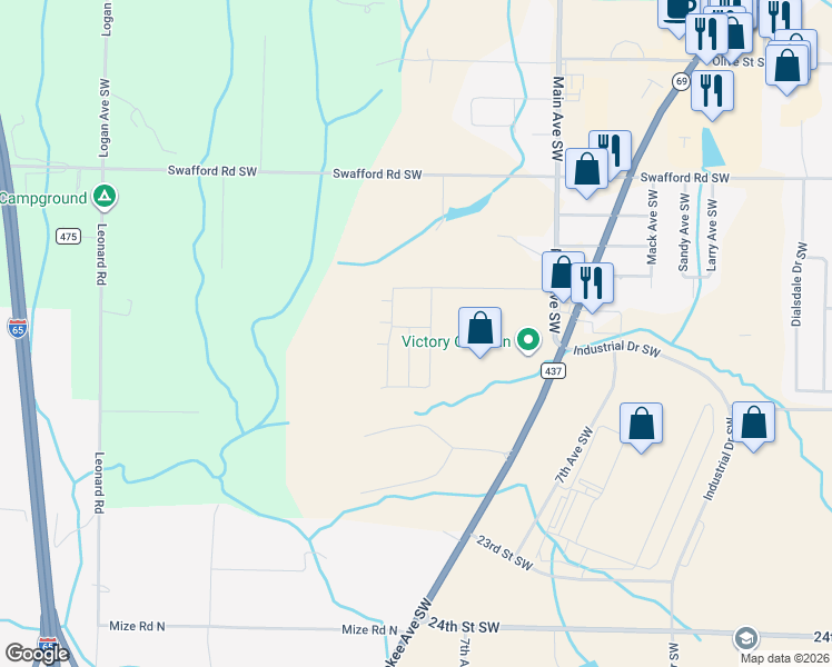 map of restaurants, bars, coffee shops, grocery stores, and more near 2074 Main Avenue Southwest in Cullman