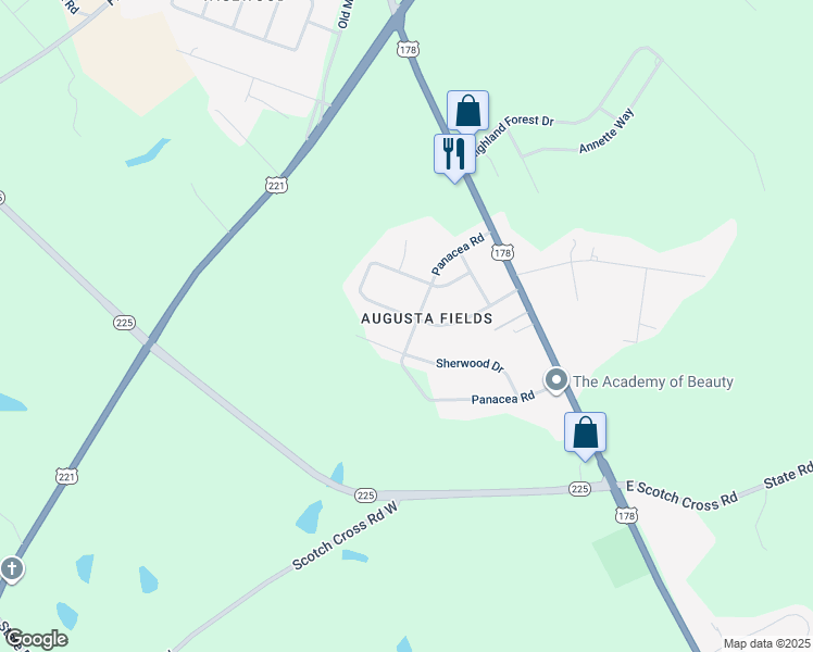 map of restaurants, bars, coffee shops, grocery stores, and more near 201 Augusta Cir in Greenwood