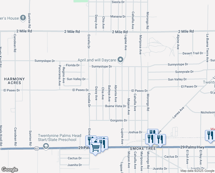 map of restaurants, bars, coffee shops, grocery stores, and more near 6070 Baileya Avenue in Twentynine Palms
