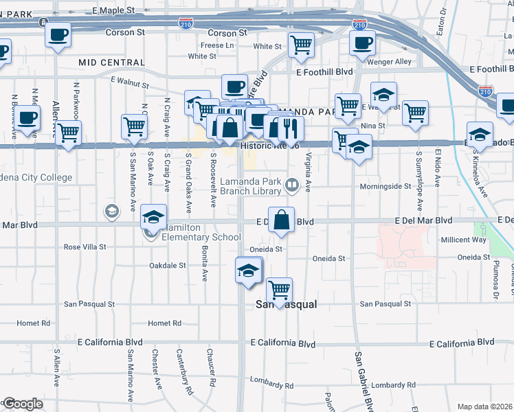 map of restaurants, bars, coffee shops, grocery stores, and more near 168 South Sierra Madre Boulevard in Pasadena