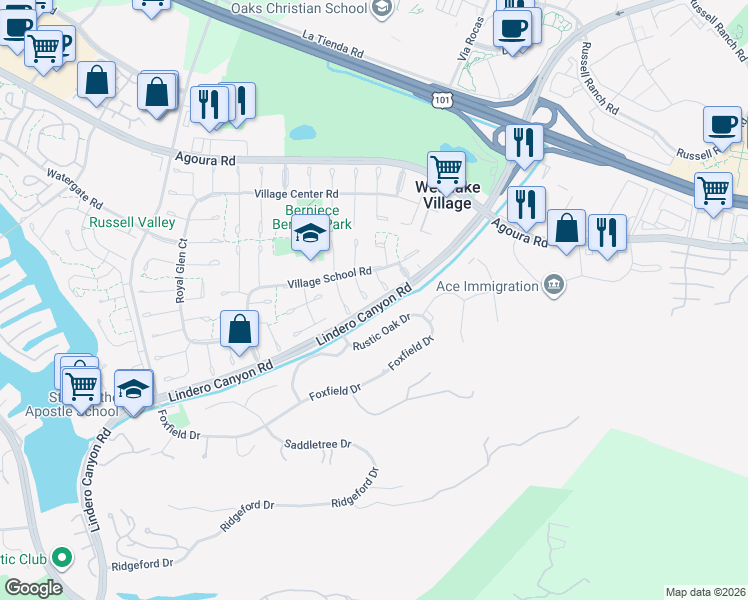 map of restaurants, bars, coffee shops, grocery stores, and more near 4200 Abbington Court in Westlake Village