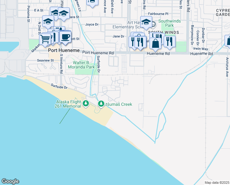 map of restaurants, bars, coffee shops, grocery stores, and more near 784 Seawind Way in Port Hueneme