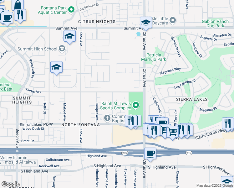 map of restaurants, bars, coffee shops, grocery stores, and more near 6122 Glen Abbey Place in Fontana