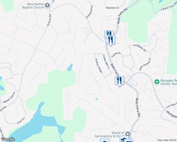 map of restaurants, bars, coffee shops, grocery stores, and more near 411 Walnut Drive in Woodstock
