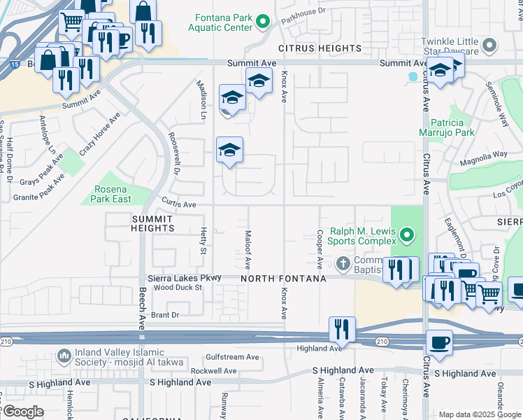 map of restaurants, bars, coffee shops, grocery stores, and more near 15645 Curtis Avenue in Fontana