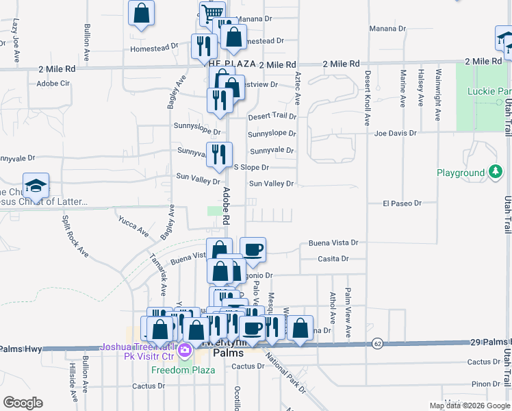 map of restaurants, bars, coffee shops, grocery stores, and more near El Paseo Drive in Twentynine Palms
