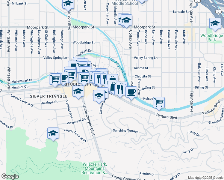 map of restaurants, bars, coffee shops, grocery stores, and more near 11855 Ventura Boulevard in Los Angeles