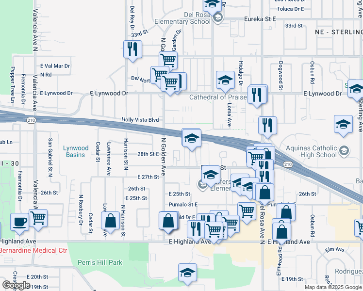 map of restaurants, bars, coffee shops, grocery stores, and more near 2792 Conejo Drive in San Bernardino