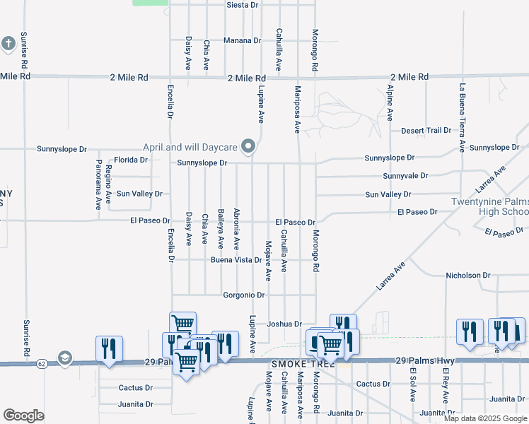 map of restaurants, bars, coffee shops, grocery stores, and more near 6074 Mojave Avenue in Twentynine Palms
