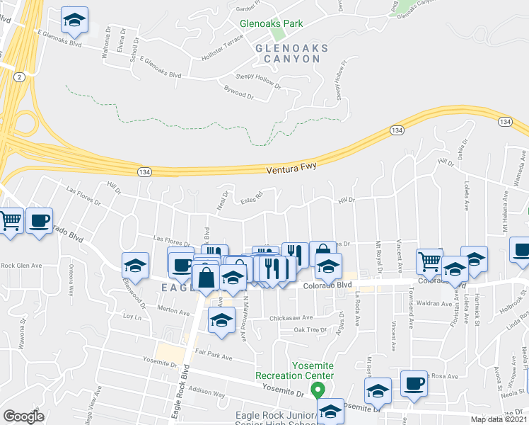 map of restaurants, bars, coffee shops, grocery stores, and more near Hill Dr & Shearin Ave in Los Angeles