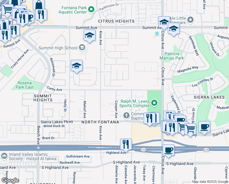 map of restaurants, bars, coffee shops, grocery stores, and more near 6110 Cooper Avenue in Fontana
