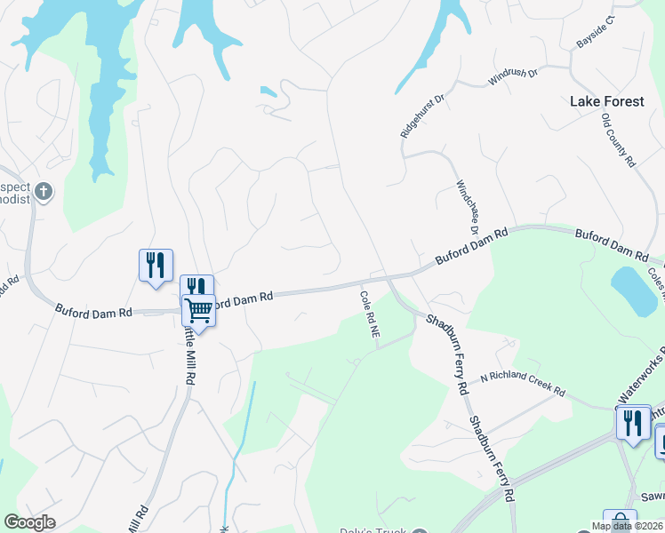 map of restaurants, bars, coffee shops, grocery stores, and more near 5730 Lake Windsor Parkway in Buford