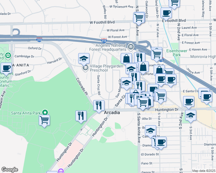 map of restaurants, bars, coffee shops, grocery stores, and more near 231 San Luis Rey Road in Arcadia