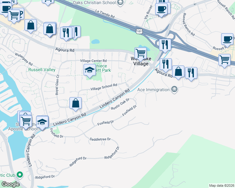 map of restaurants, bars, coffee shops, grocery stores, and more near 4200 Abbington Court in Westlake Village