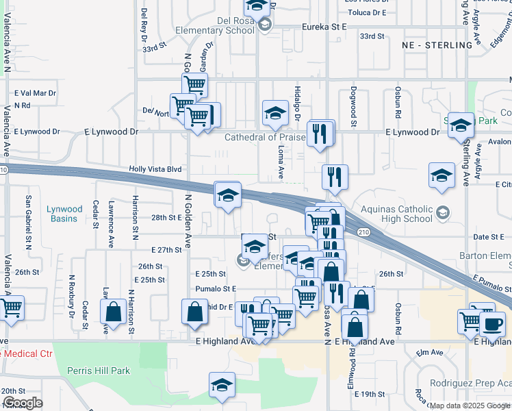 map of restaurants, bars, coffee shops, grocery stores, and more near 2817 North Fairfax Drive in San Bernardino