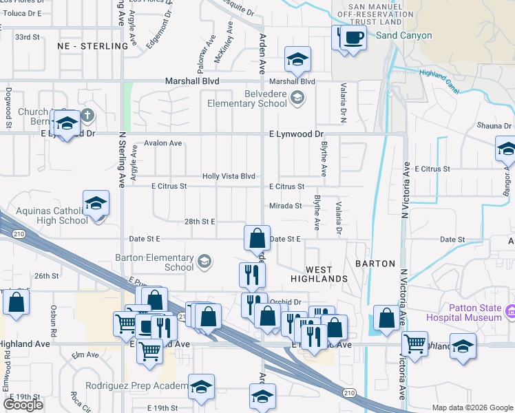 map of restaurants, bars, coffee shops, grocery stores, and more near 6120 Arden Avenue in San Bernardino