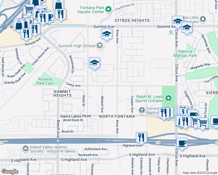 map of restaurants, bars, coffee shops, grocery stores, and more near 15645 Curtis Avenue in Fontana