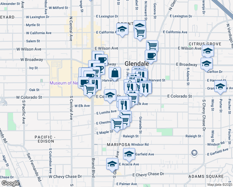 map of restaurants, bars, coffee shops, grocery stores, and more near 407 East Colorado Street in Glendale