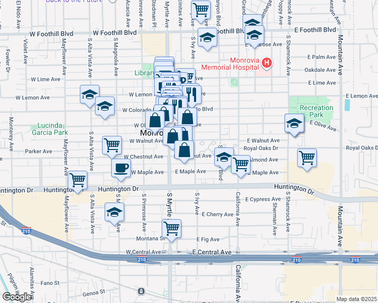 map of restaurants, bars, coffee shops, grocery stores, and more near 151 East Chestnut Avenue in Monrovia