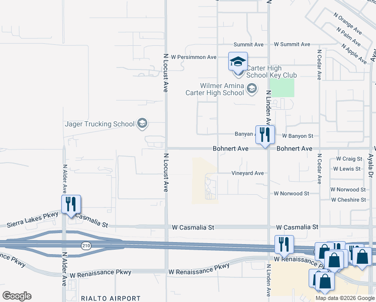 map of restaurants, bars, coffee shops, grocery stores, and more near 1821 West Bohnert Avenue in Rialto